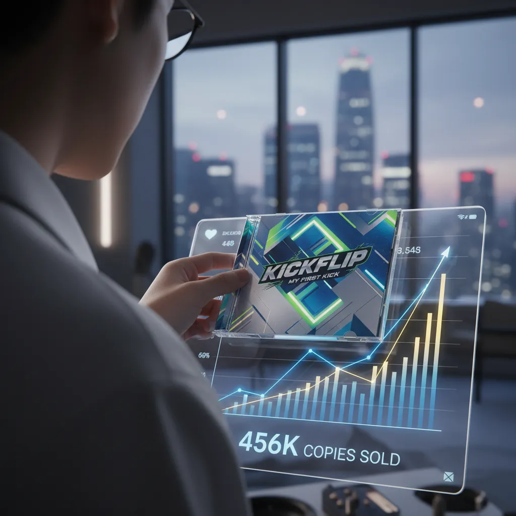 Hand placing a CD case onto a glowing sales chart display, illustrating the album’s 456,000 copies sold.