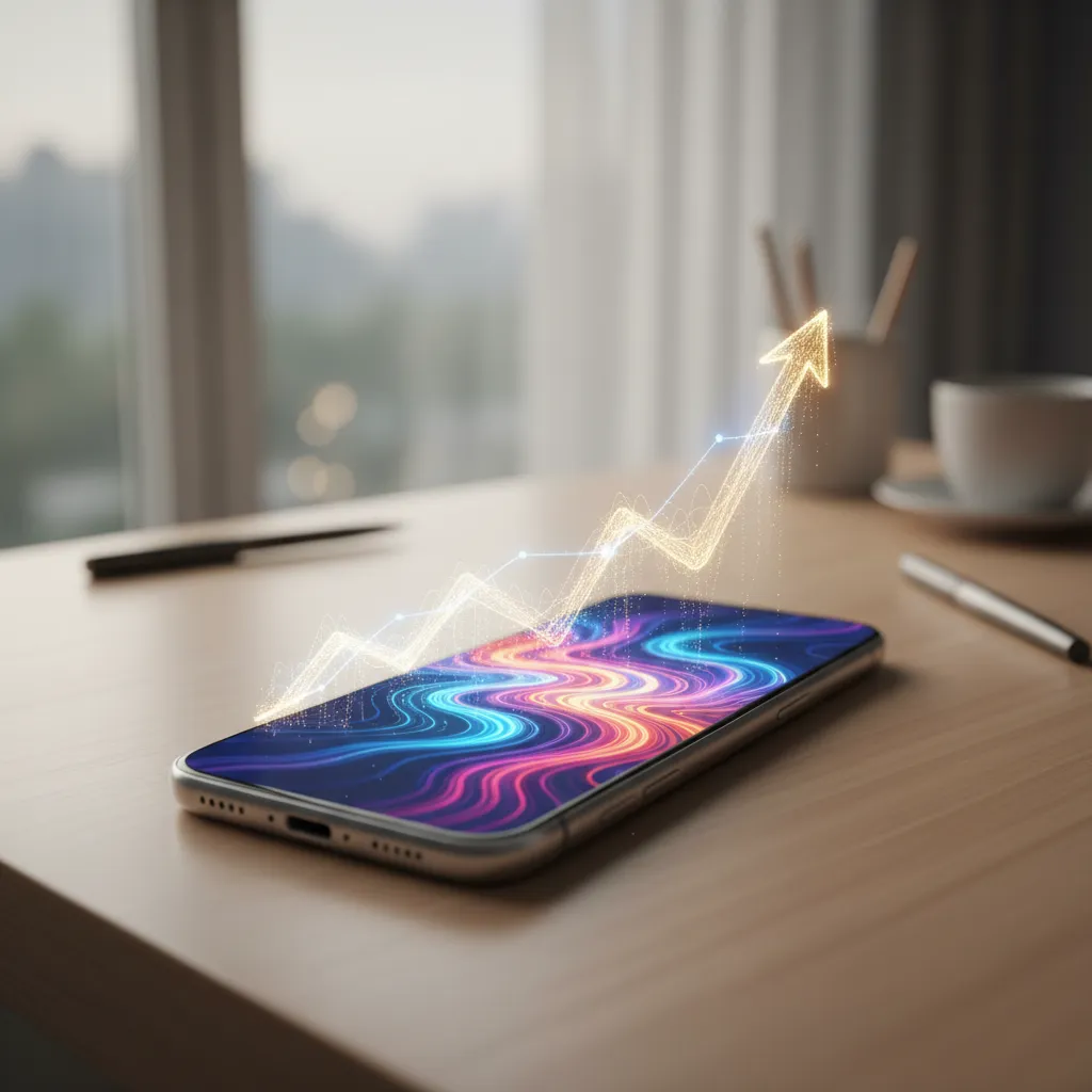 Content image of a phone showing abstract Weverse waves and a rising light chart, illustrating BTS comeback driving HYBE stock surge