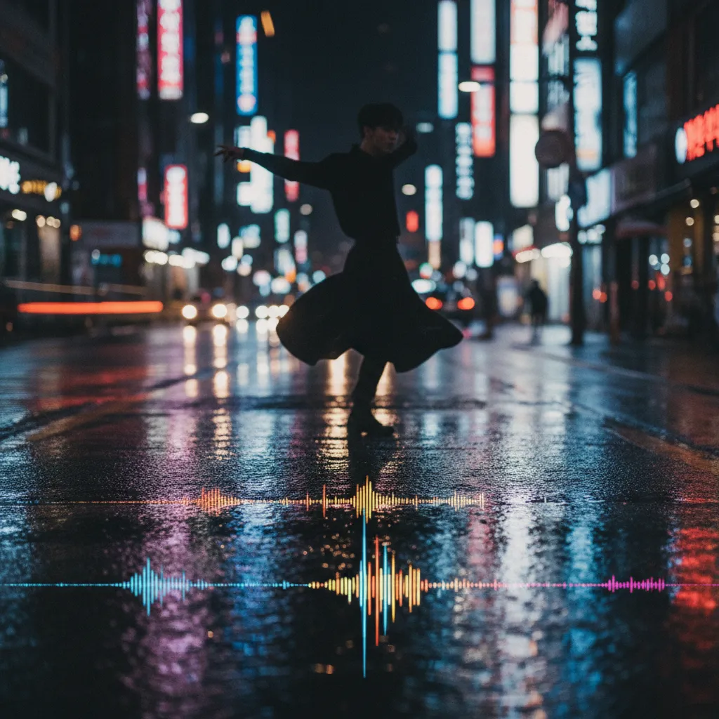 Shadow of a dancer on a rain‑slick Seoul street with neon light trails, visualizing the track 'Bodyelse'