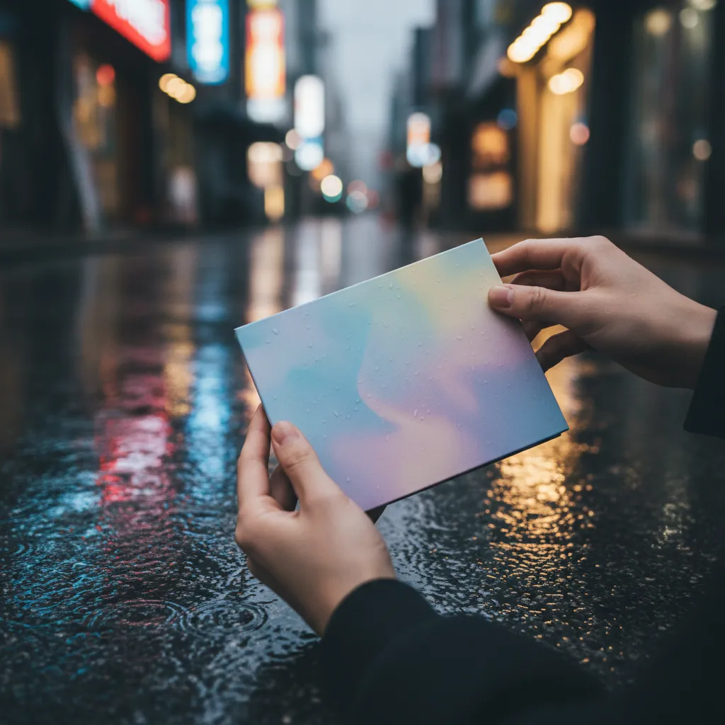 Hands holding a pastel‑colored mini album on a reflective wet street in Seoul.