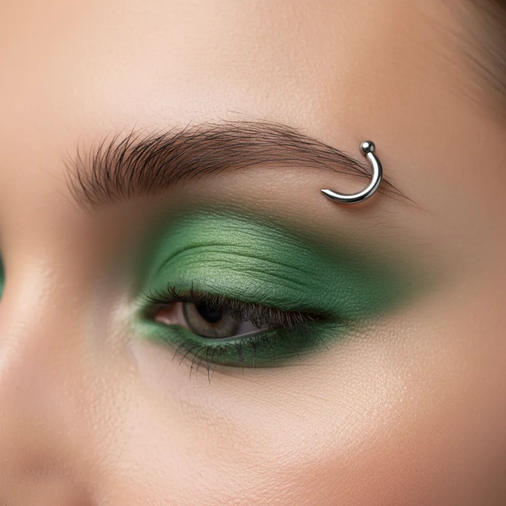 Close-up of an eyebrow piercing and green eye makeup, hinting at LE SSERAFIM's bold new look.