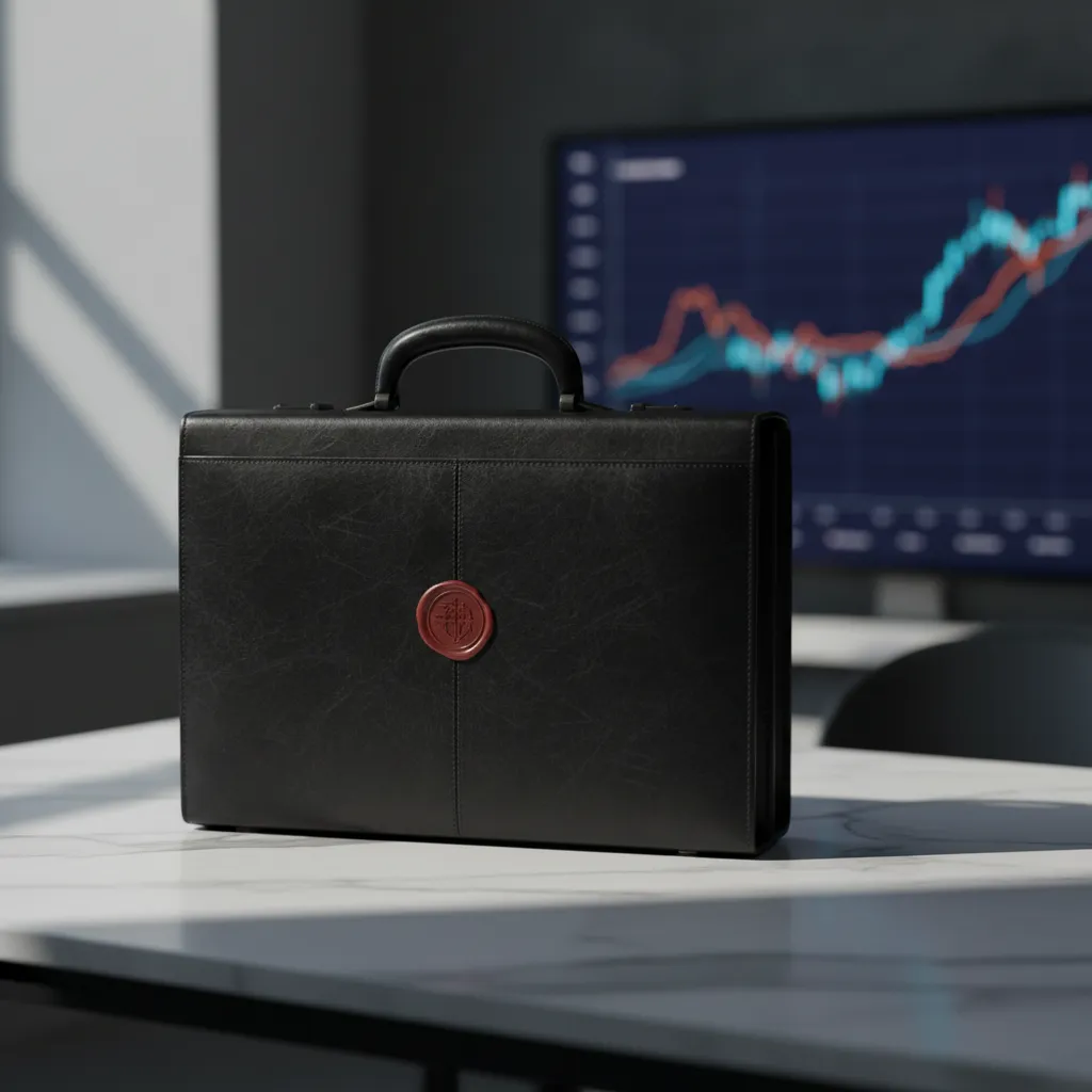 Black briefcase with red seal on marble desk, blurred financial chart background, symbolizing alleged fraudulent stock dealings