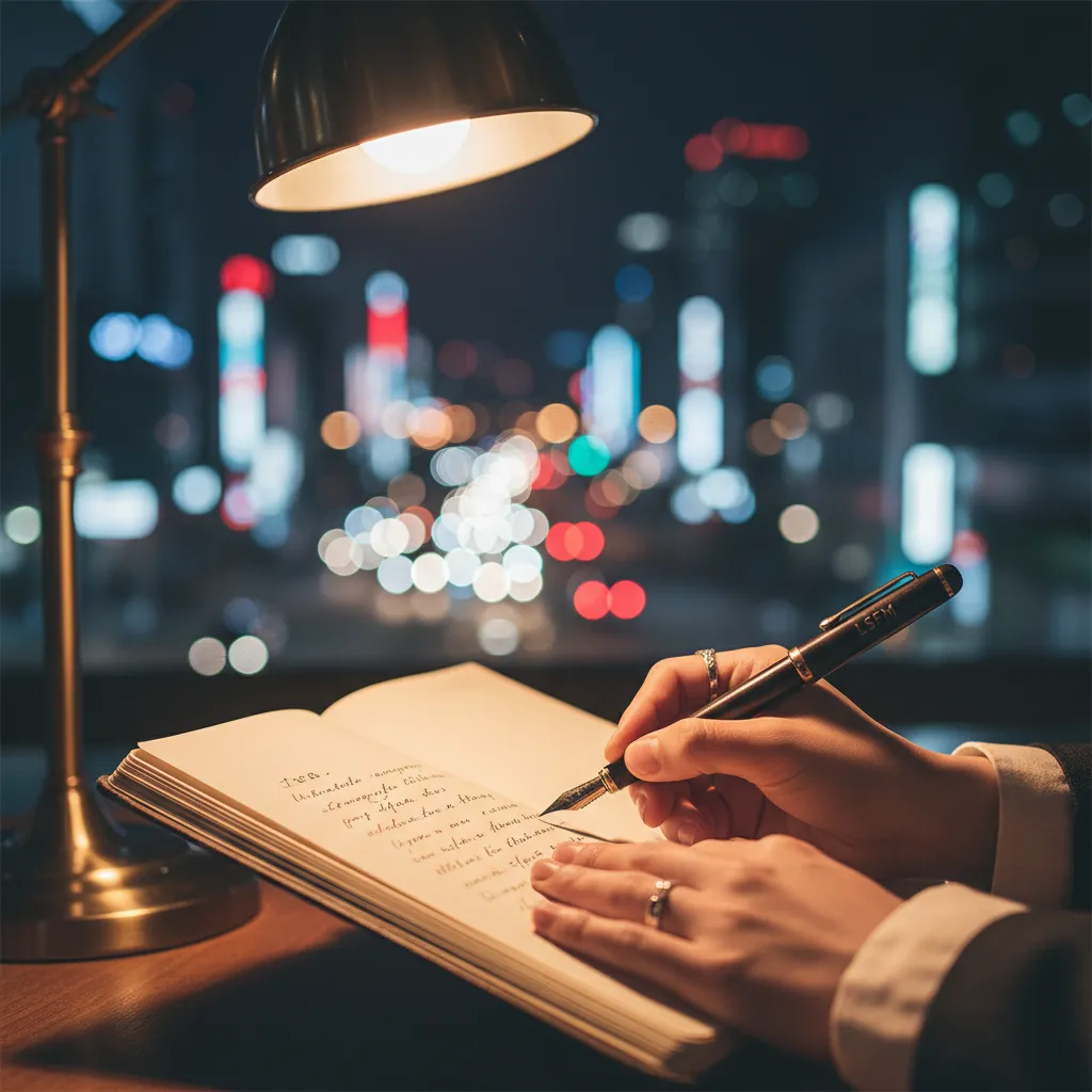 Hands writing song lyrics in a notebook, illustrating Kim Chae‑won and Heo Yoon‑jin’s involvement in songwriting for Celebration