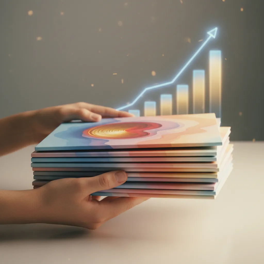 Hands holding a stack of abstract album covers, symbolizing record‑breaking sales