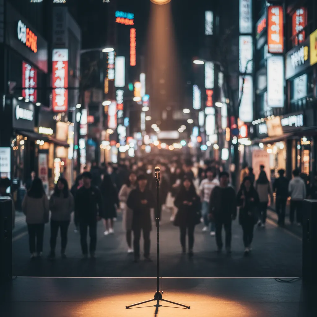 A quiet spotlight on a microphone stand amidst a lively Seoul street scene, representing the upcoming solo comeback in the busy April K-pop scene