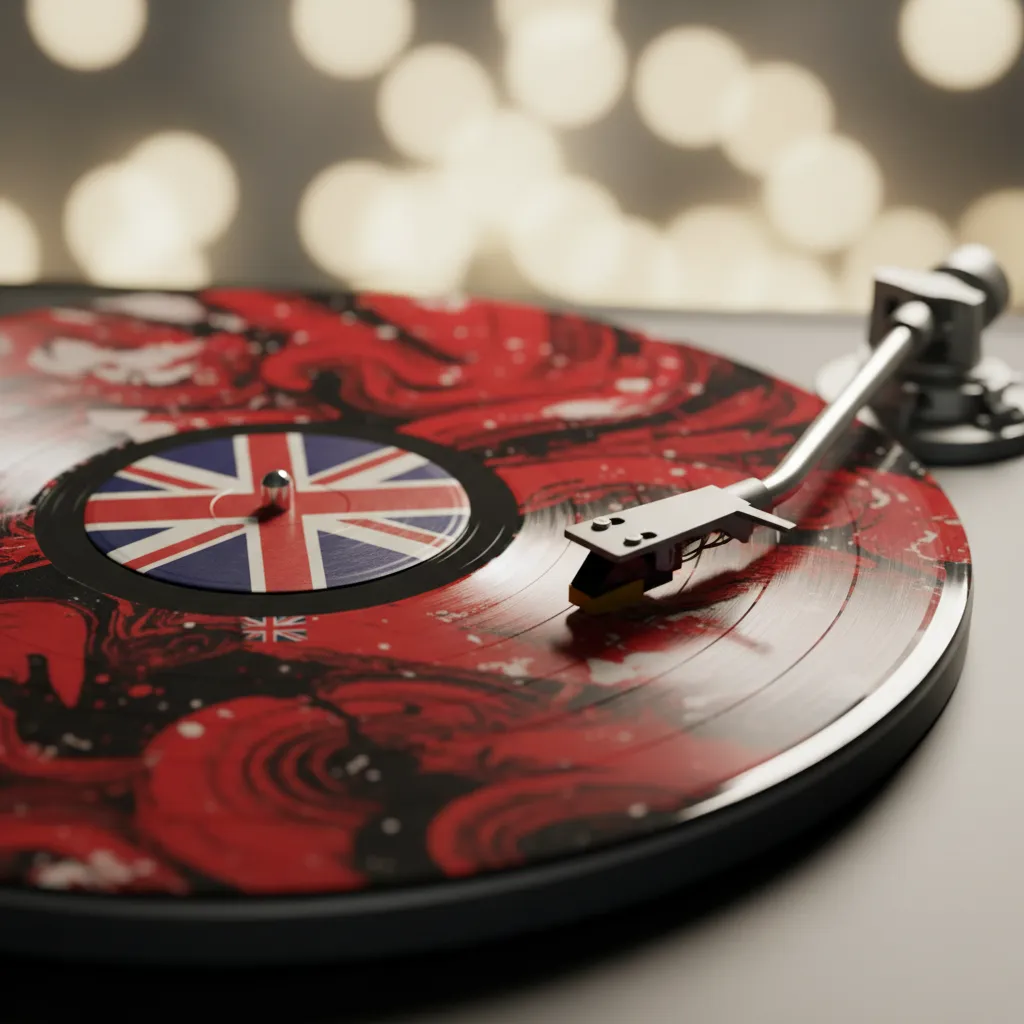 Vinyl record with a crazy pattern and UK flag symbolizing Le Sserafim's track 'CRAZY' re-entering the UK Official Chart