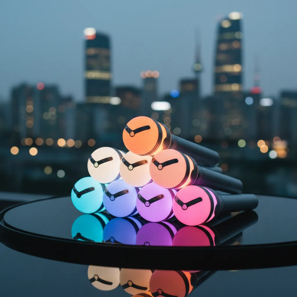 Stack of glowing light sticks on a black surface with Seoul skyline bokeh