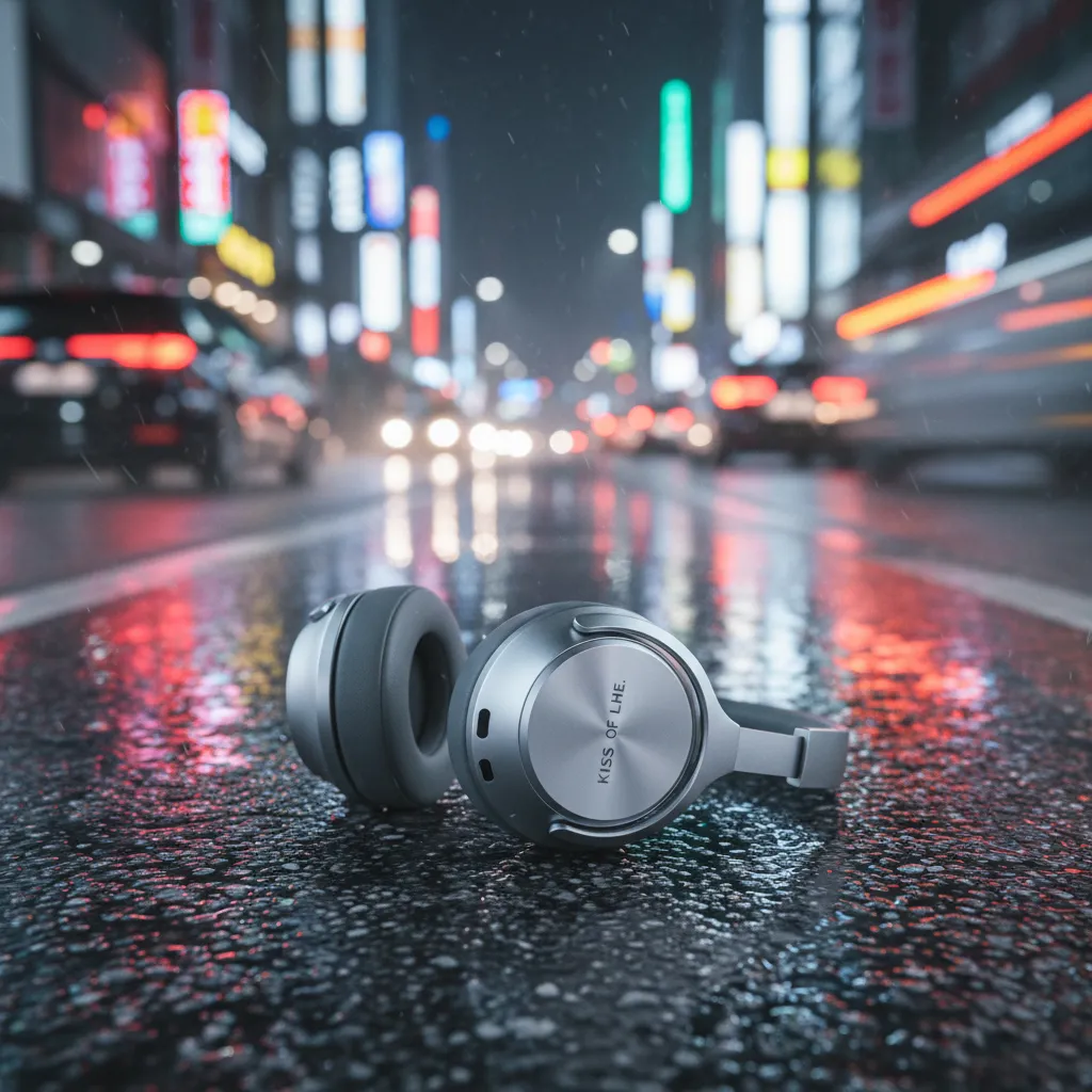 Wireless headphones on a rainy Seoul street at night with neon reflections
