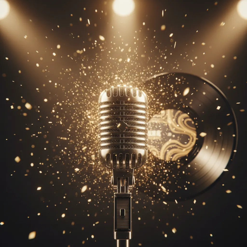 Microphone with confetti burst and vinyl record, symbolizing the 'Celebration' teaser for LE SSERAFIM's new album