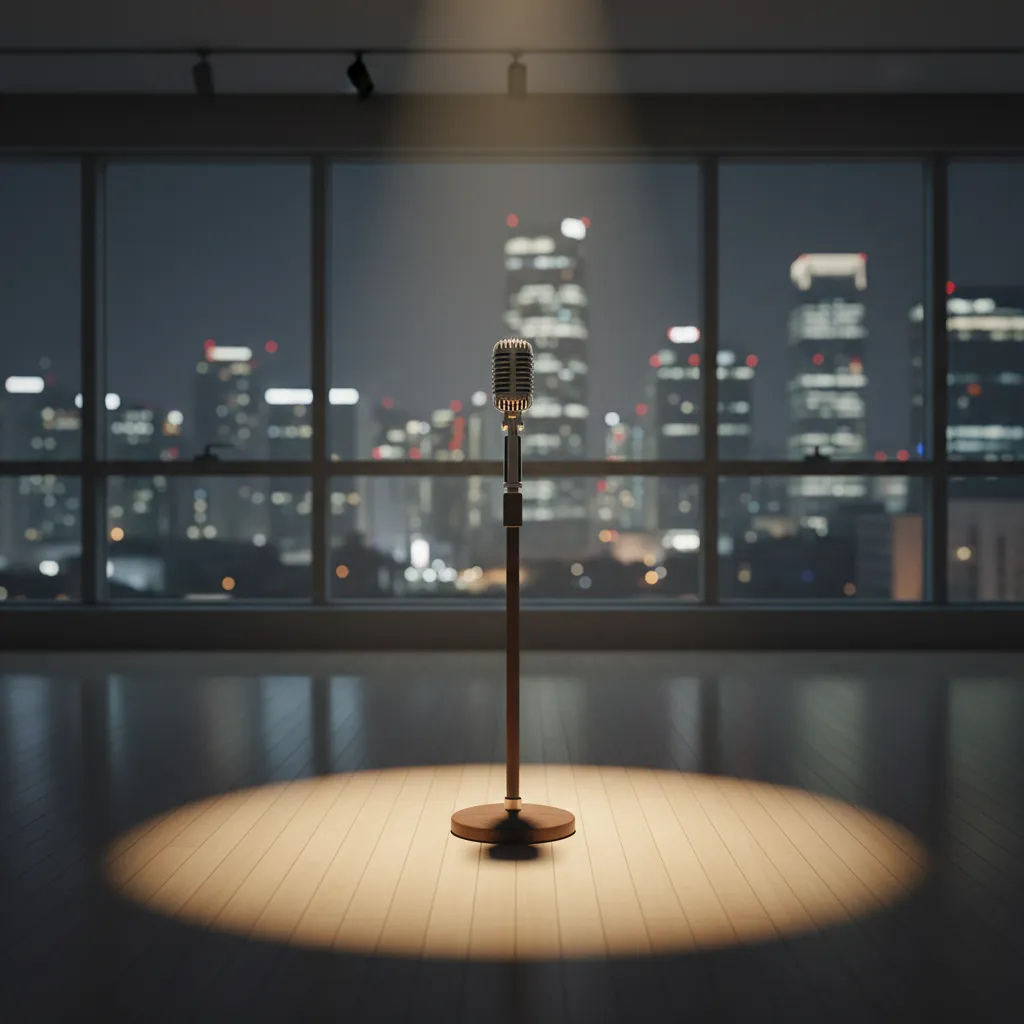 A vintage microphone on a stand in a studio with a blurred city background, symbolizing Daniel's solo activity clarification