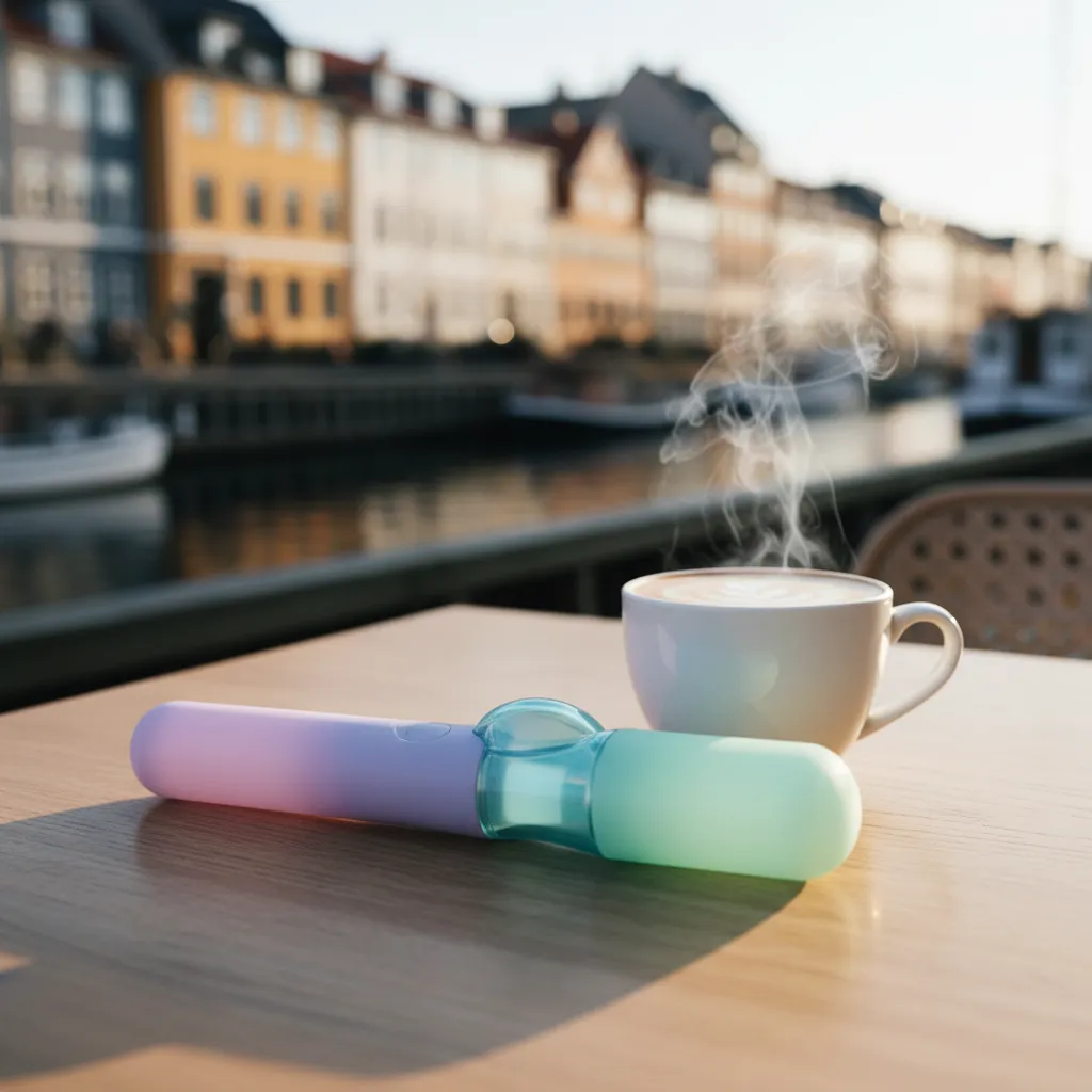 Pastel light stick on a café table in Copenhagen, hinting at NewJeans comeback