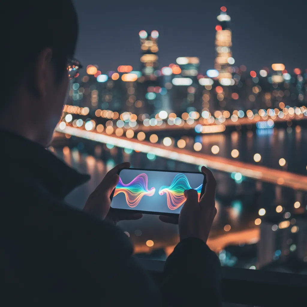 Over-the-shoulder view of someone watching magnetic animation on a smartphone against a blurred Seoul night background
