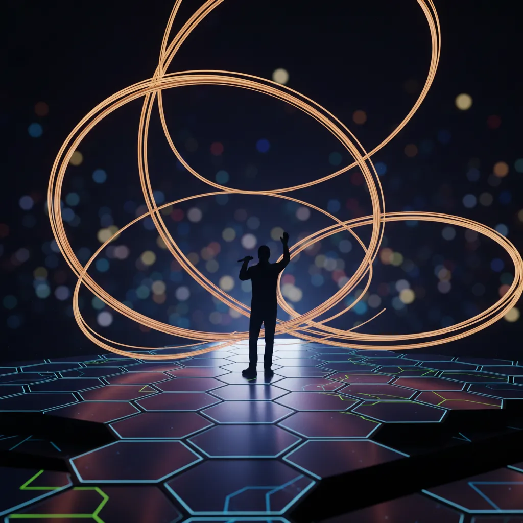 Illustration of the exclusive Nvidia‑inspired stage from the article, showing light patterns and a performer silhouette.