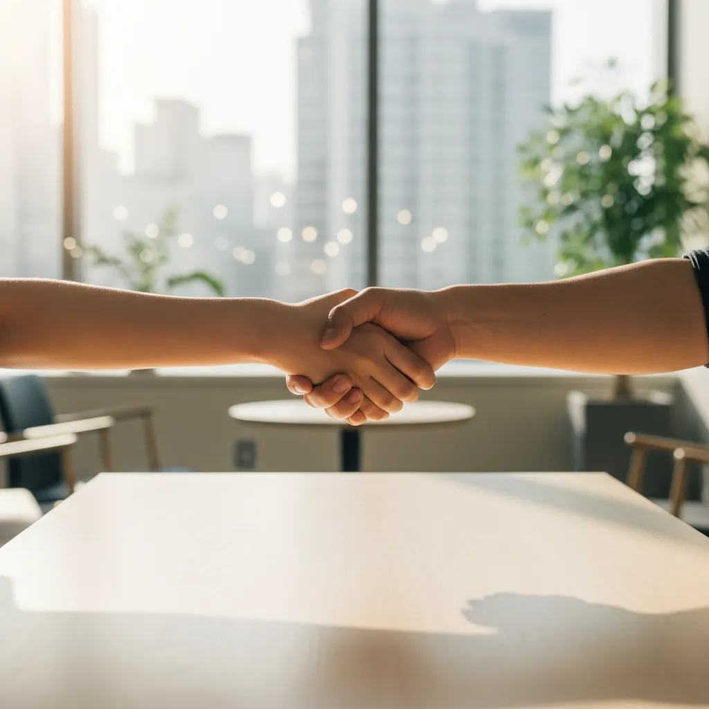 Two hands shaking over a wooden table, symbolizing the legal resolution between NewJeans and ADOR.