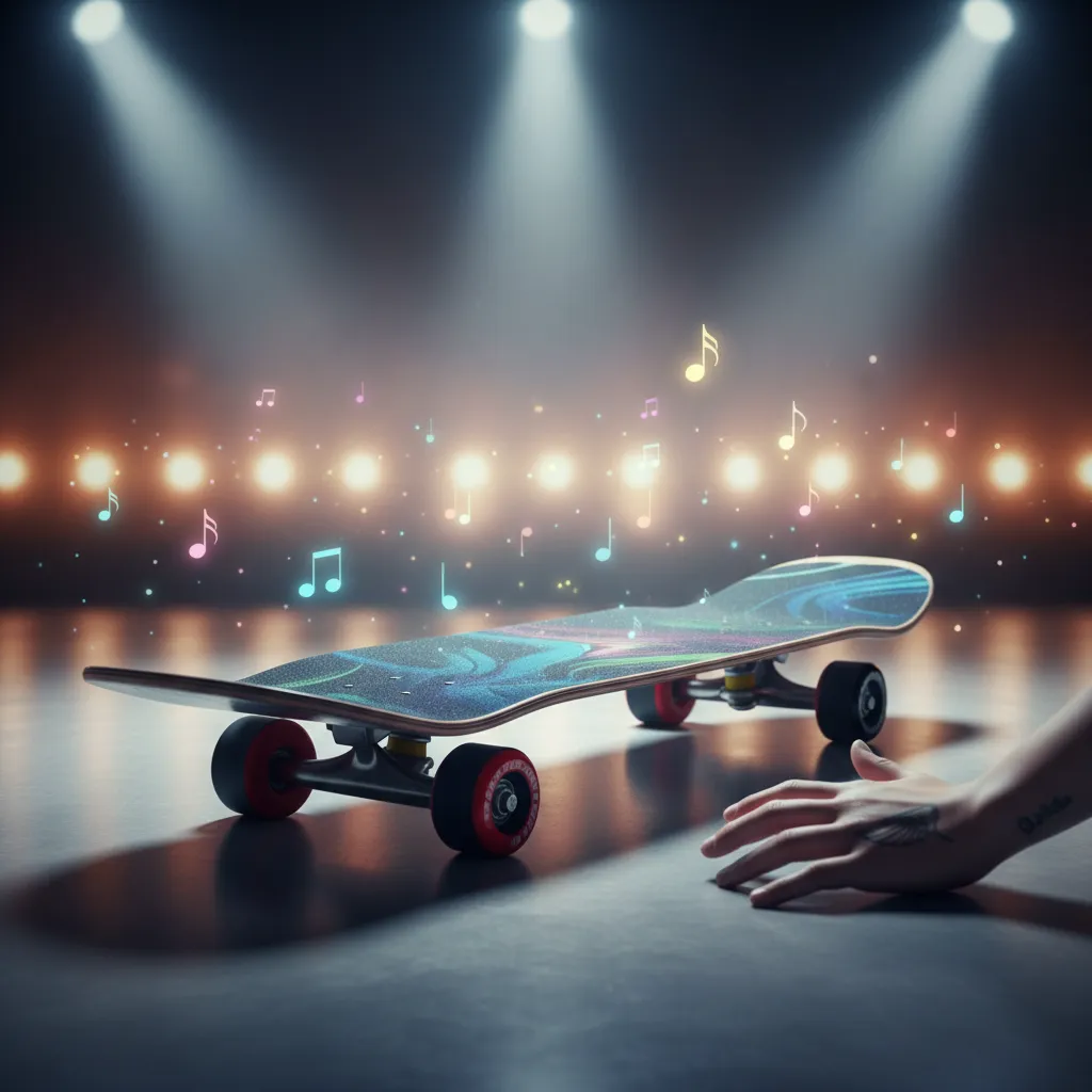 Skateboard deck on stage symbolizing KickFlip's debut concert