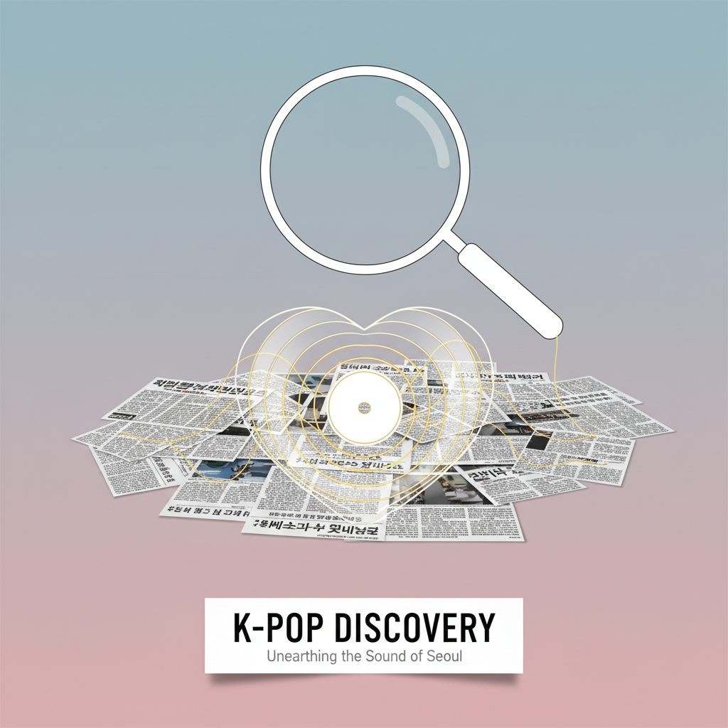 A magnifying glass examining Korean news snippets that visually connect into a heart-shaped vinyl record.
