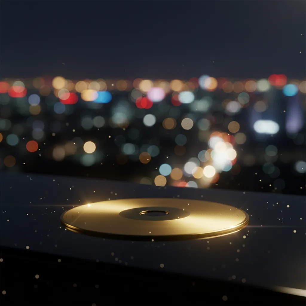 Gold SNEP award disc on reflective surface with Seoul night bokeh, representing the French gold achievement