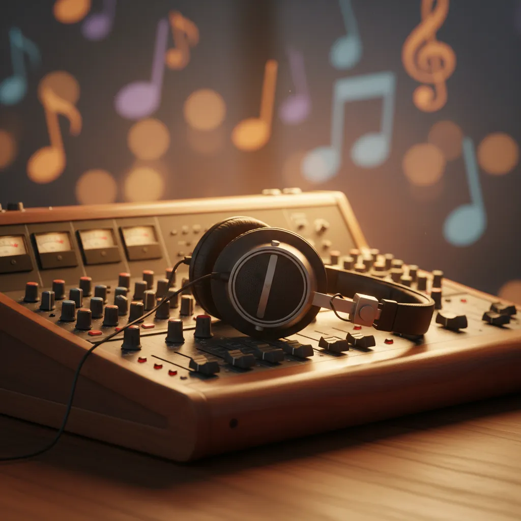Vintage audio mixer and headphones on a desk with soft lighting and bokeh