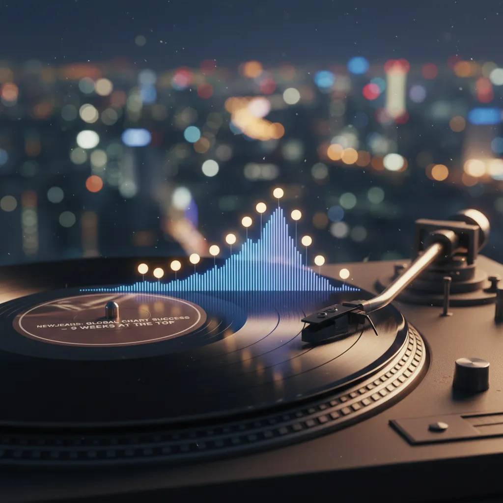 Vinyl record with rising waveform and nine glowing orbs symbolizing nine‑week Billboard run