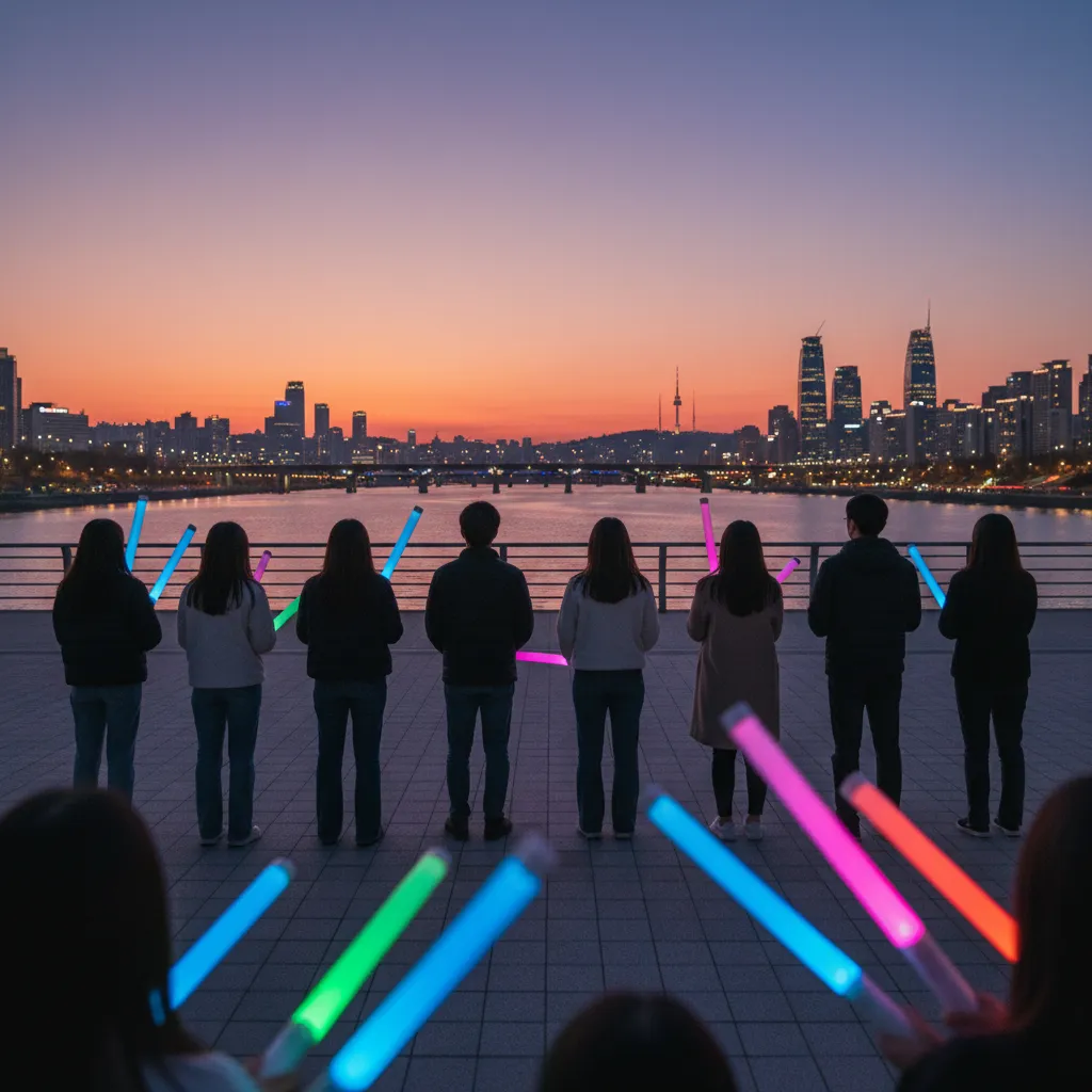 Silhouettes of fans with light sticks overlooking Han River and Seoul skyline