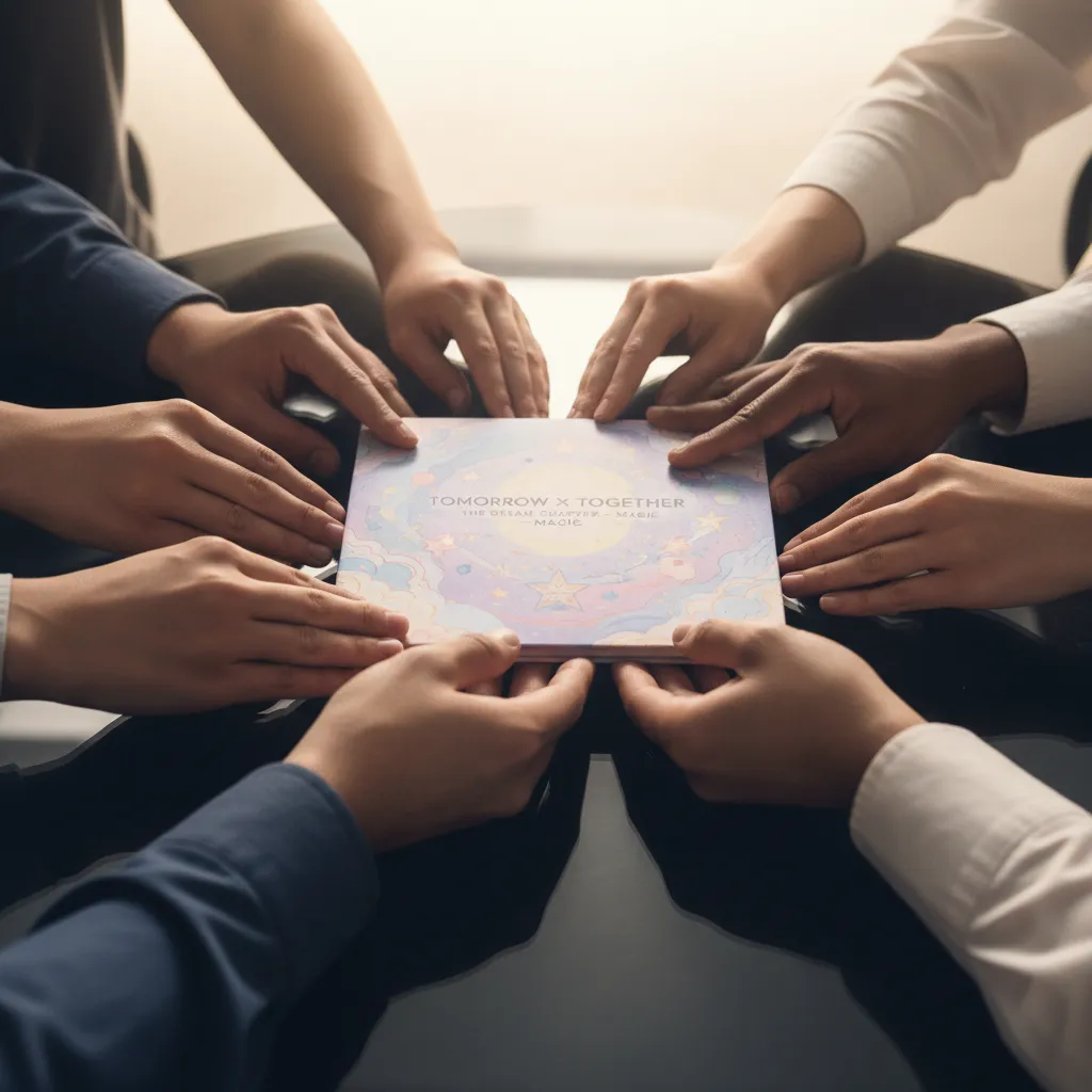 Content image of diverse hands holding a mini album symbolizing global acclaim