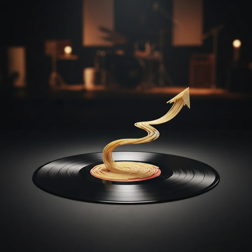 Close-up of a vinyl record with spaghetti forming a rising line, symbolizing chart success