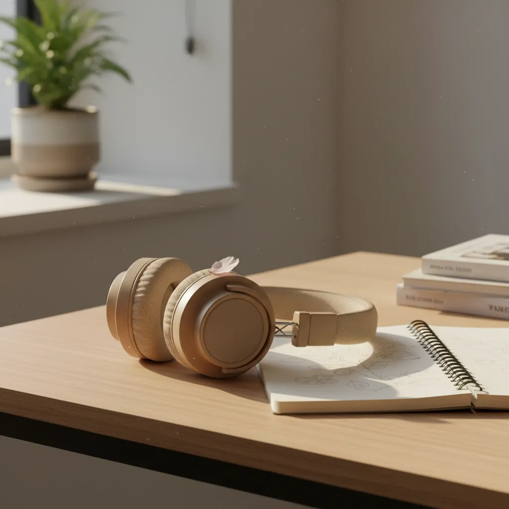Content image of headphones and notebook with a cherry blossom petal, representing the heartfelt lyrics and music of Gaehwa