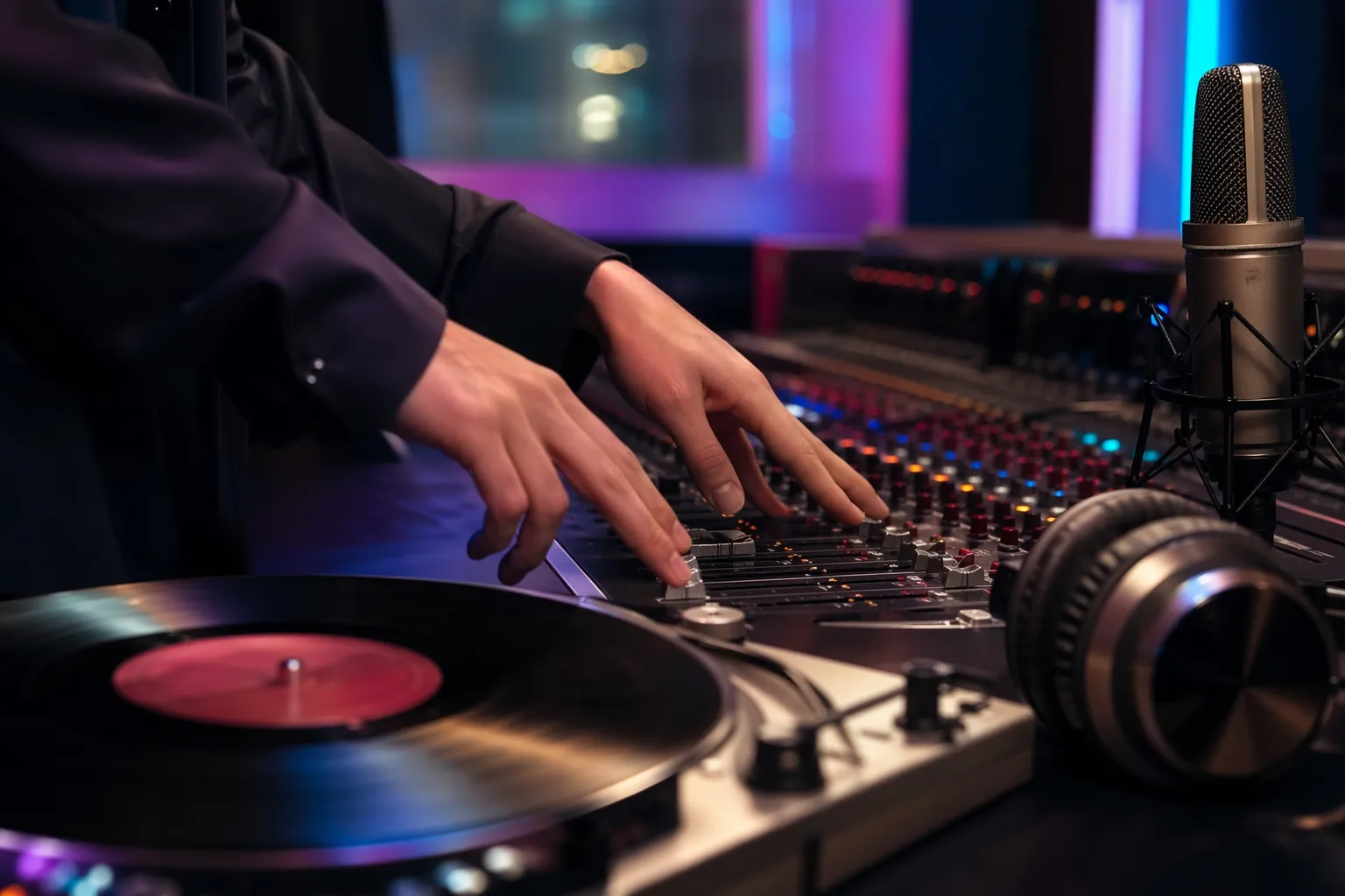 Recording studio console with vinyl and headphones evoking a Seoul K-pop remake album production.