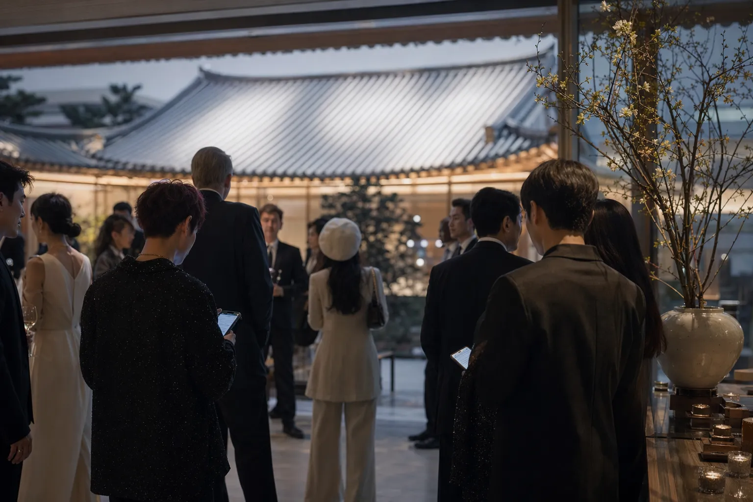 Diplomats and K-culture figures mingle at a modern Seoul cultural reception with faces obscured.