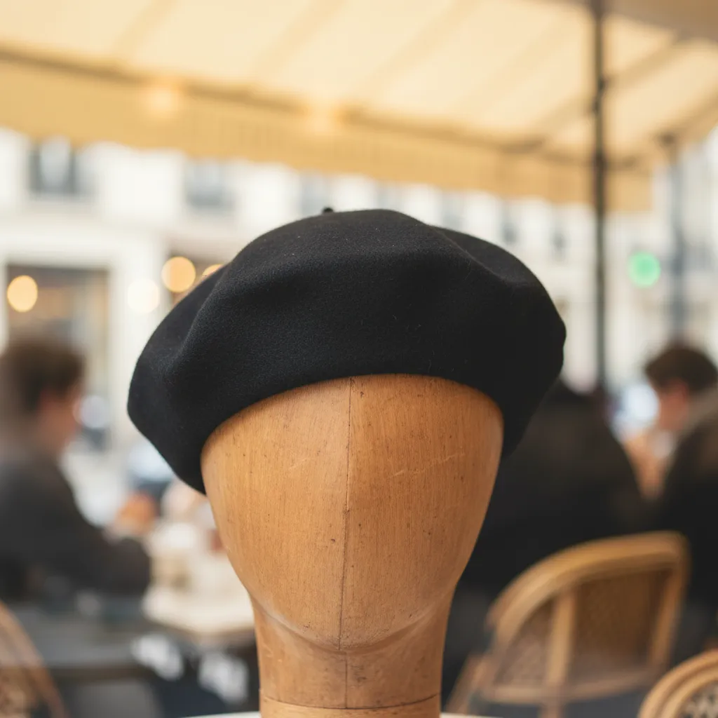 Black beret on a mannequin head, symbolizing confident Parisian romance in ILLIT's 'It’s Me' campaign