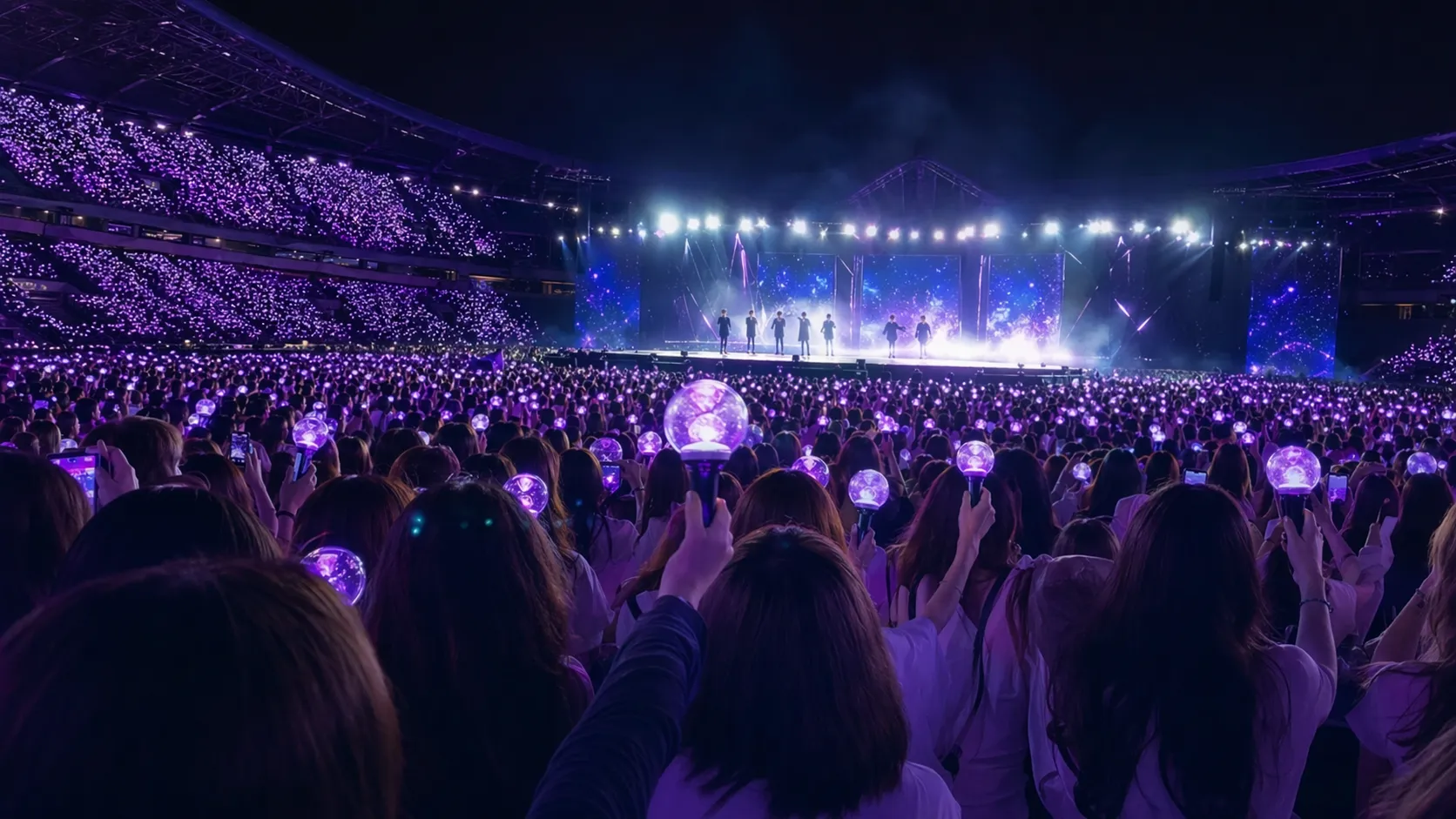 Purple concert lights fill Raymond James Stadium during a BTS tour performance