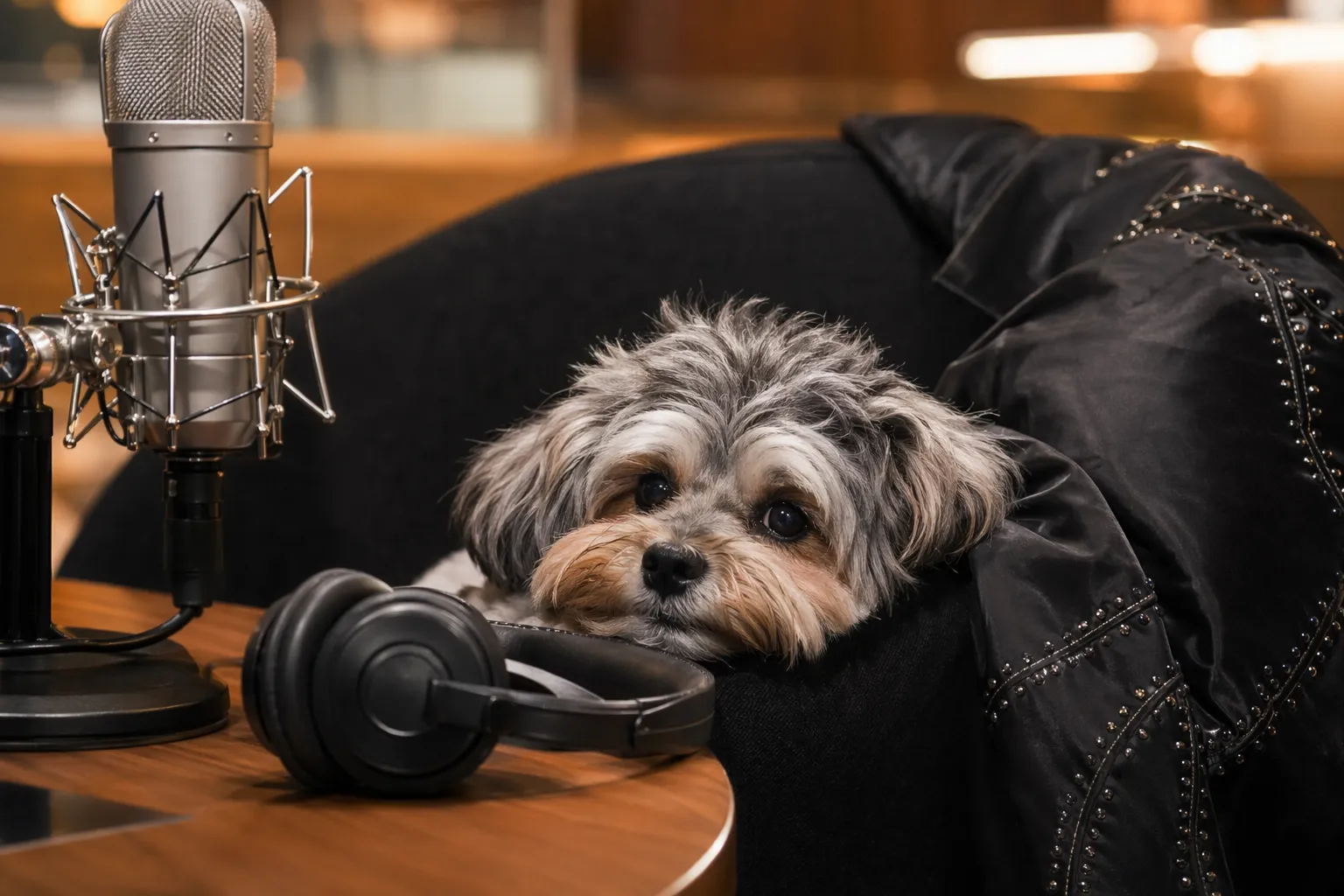 A fluffy dog beside studio music equipment in a cinematic interview setting.