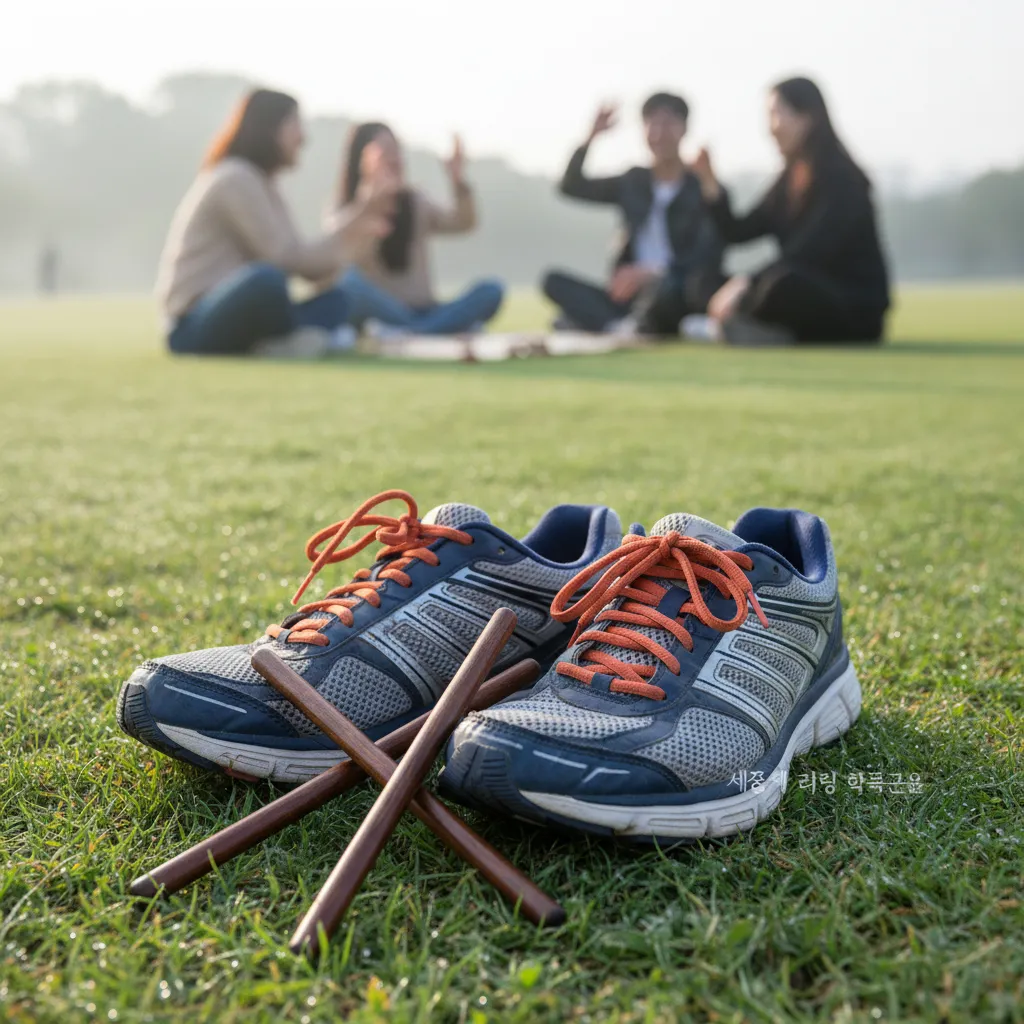 Running shoes placed next to traditional Korean yutnori sticks in a park