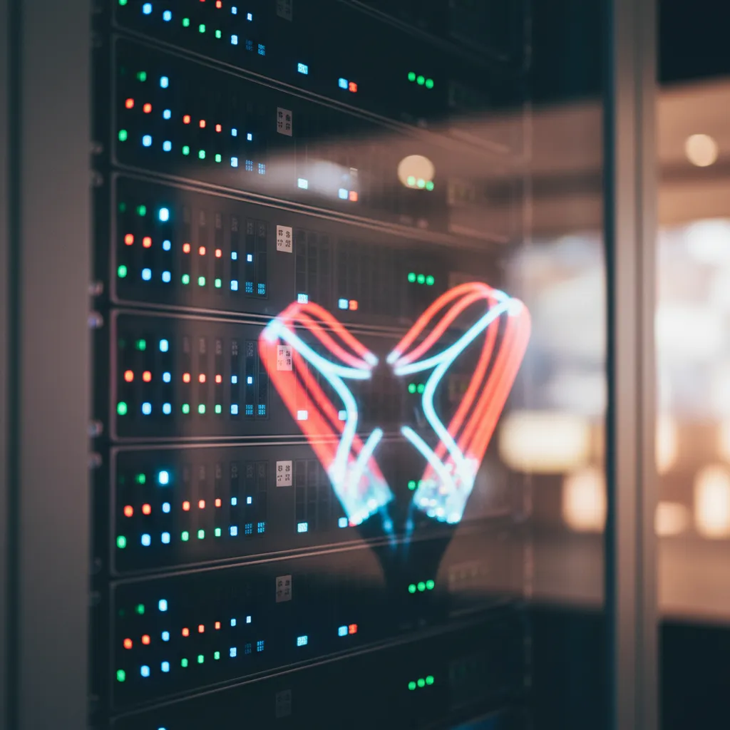 Reflection of a K-pop light stick on a server rack, symbolizing technology dependence in the K-pop industry