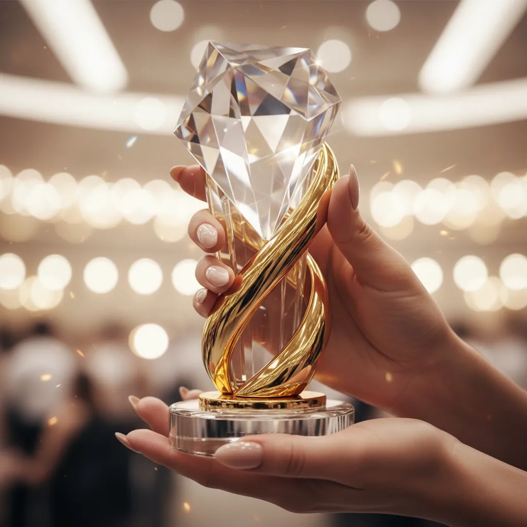 Close-up of a prestigious award trophy representing a rising star honor.