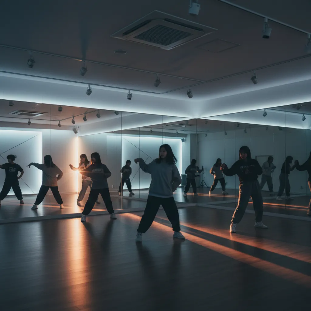 Trainees practicing dance in a Jeonju K-Pop academy studio, viewed from behind
