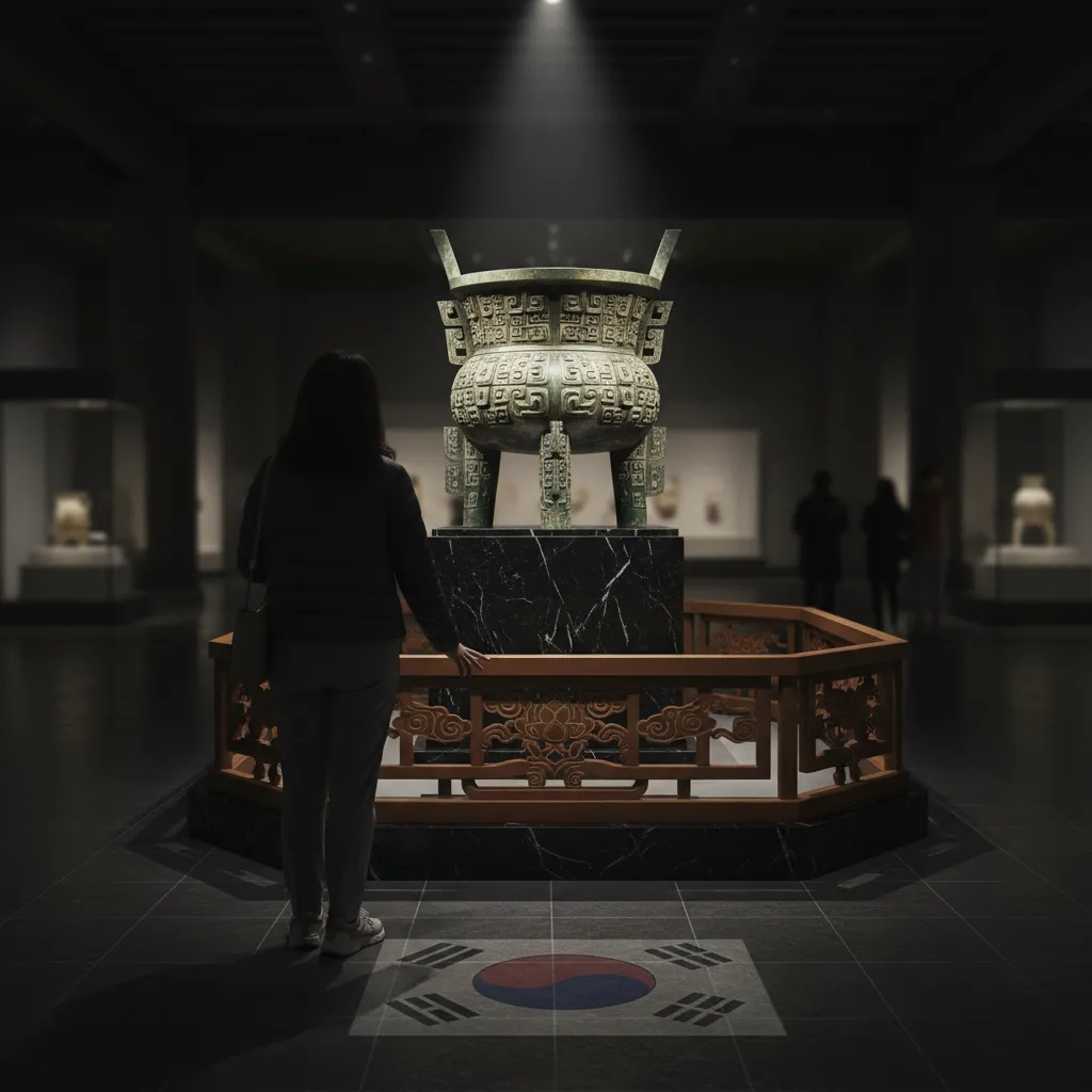 Visitor examining a Chinese bronze ritual vessel inside a Korean museum, illustrating the artifact display controversy.