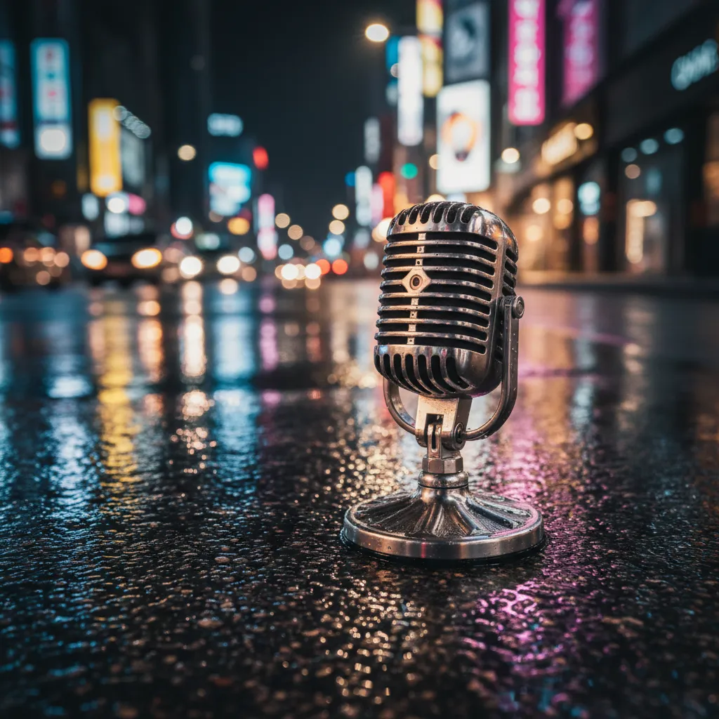 Microphone on a rainy Seoul street at night symbolizing BTS's music nomination