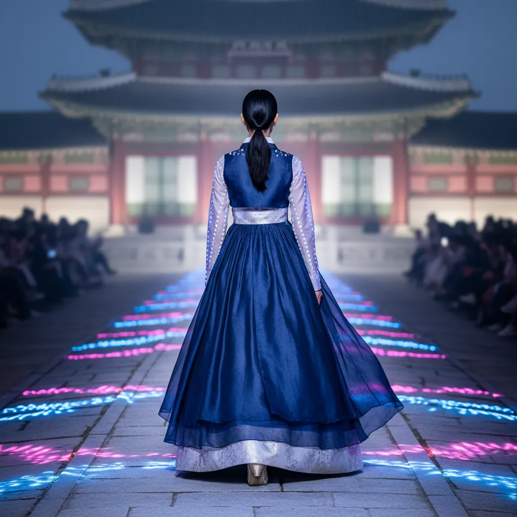 Back view of a model in modern hanbok on a lit runway at the palace festival.