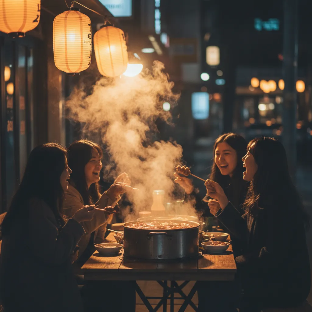 Friends enjoying street food at a Korean stall, illustrating neighborhood appeal from the article