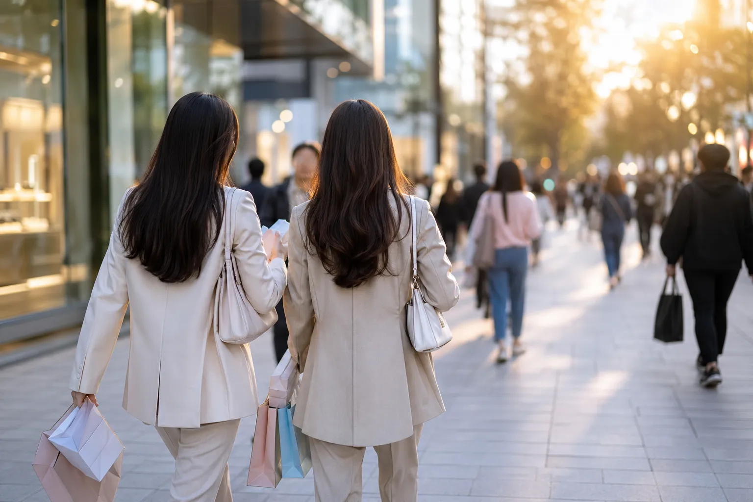 Foreign visitors exploring a Seoul beauty and skincare district with clinics and shopping nearby.