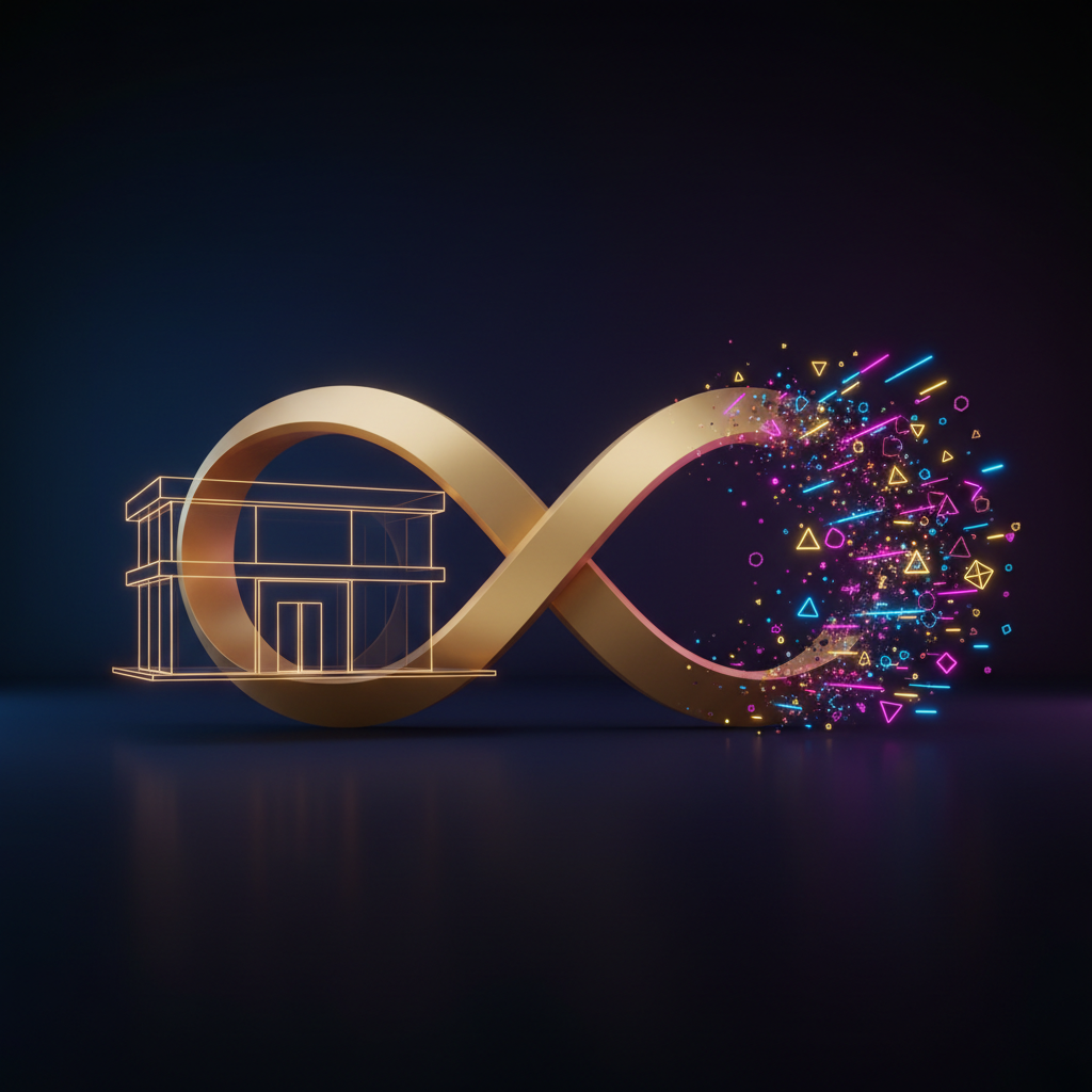 Abstract 3D illustration of a glowing infinity ribbon connecting luxury retail architecture with digital neon elements, visualizing a renewed ambassador contract.