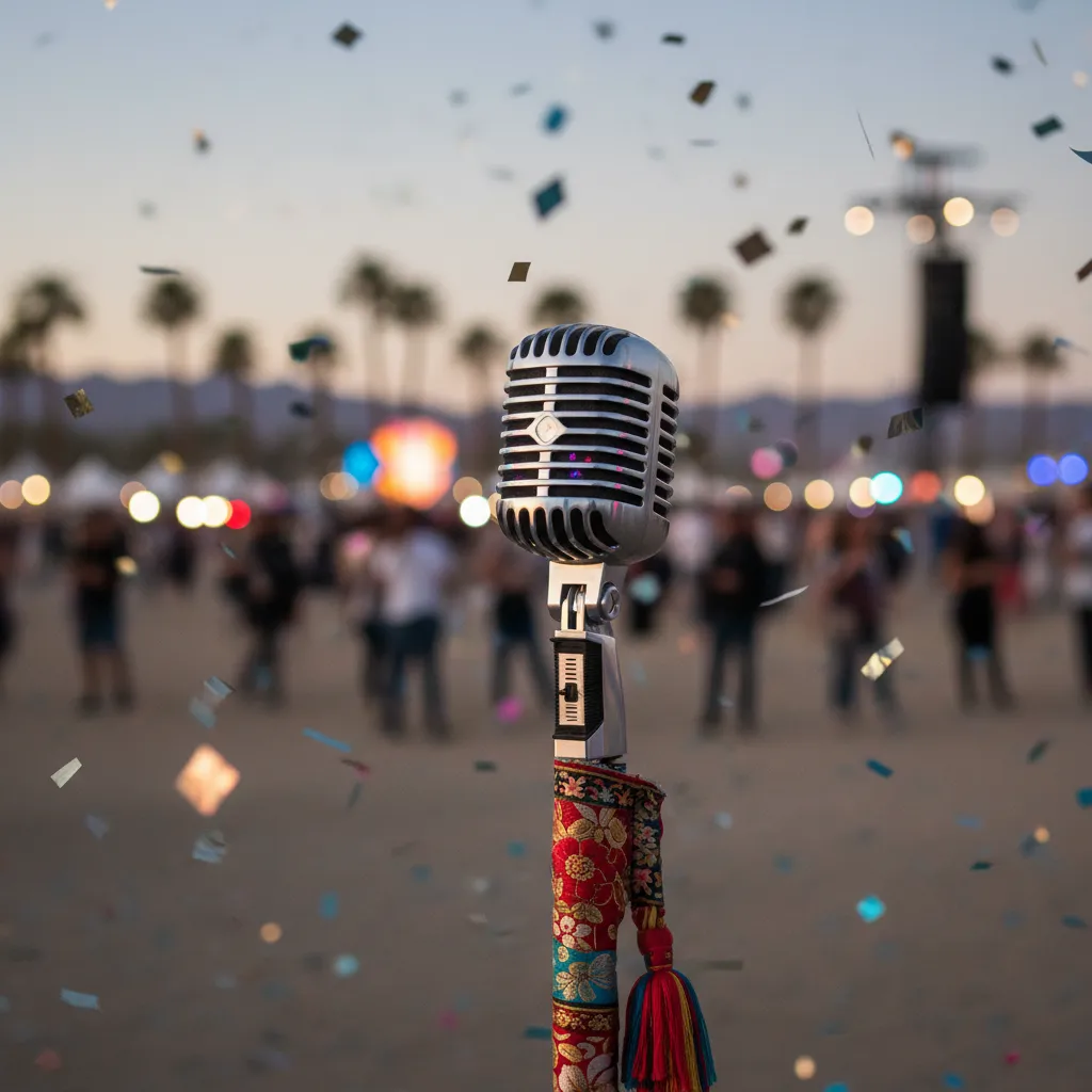 Vintage microphone with confetti at a festival stage