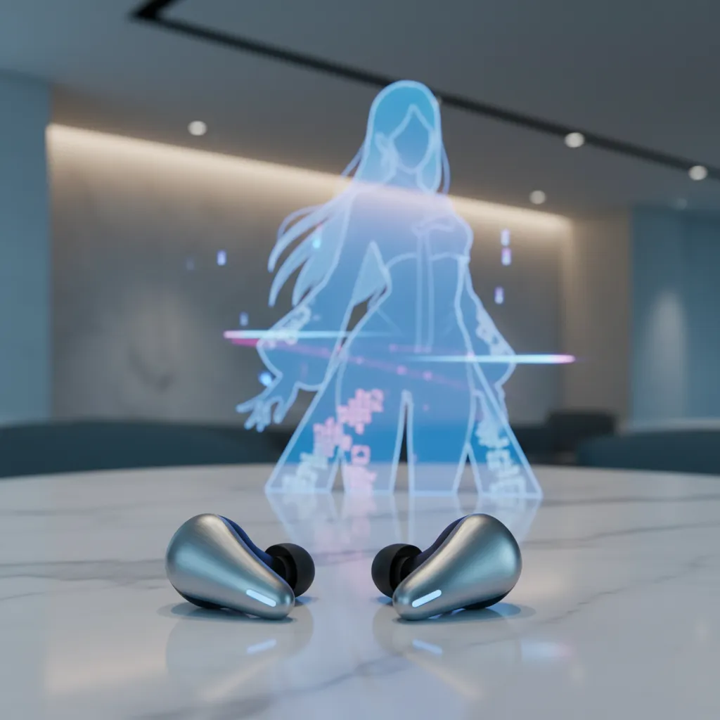 Close-up of futuristic earbuds with a subtle holographic virtual idol reflection on a white surface