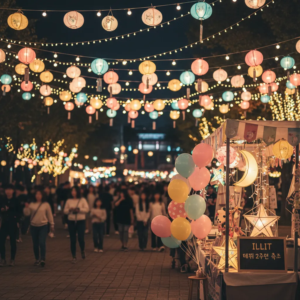 Festival scene with lanterns and balloons at Seoul Children's Grand Park, evoking the fan celebration for Illit's 2nd anniversary