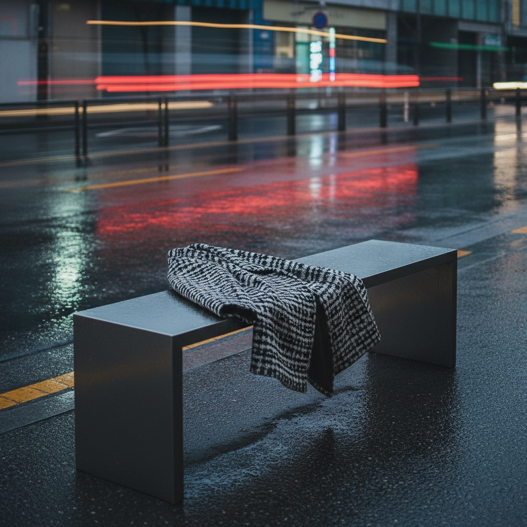 Black and white coat on a Seoul street bench evoking Aespa's fashion mood