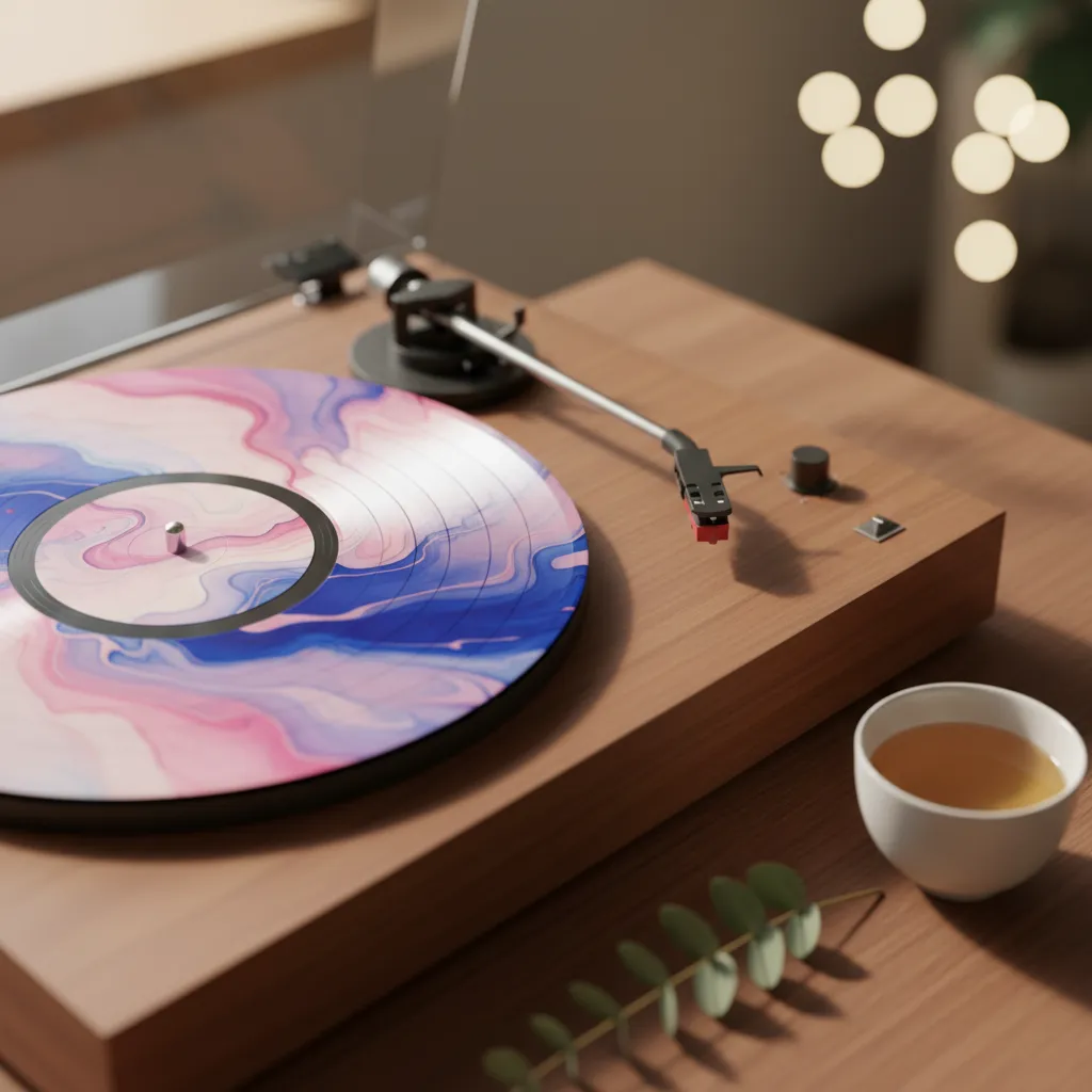 Vinyl record with abstract color swirl on turntable, Korean tea cup beside it, representing BTS’s album and single.