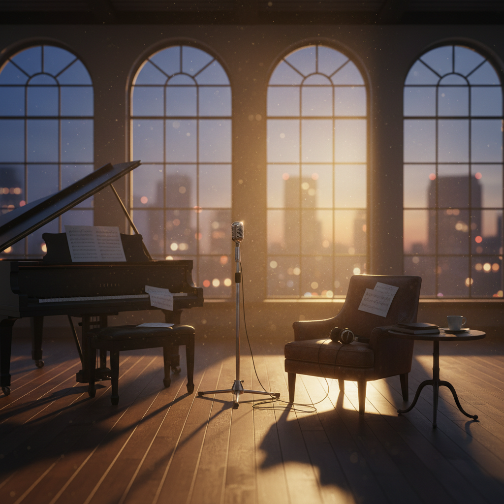 An empty, warmly lit recording studio at dusk with a vintage microphone and sheet music, evoking a mood of quiet anticipation and artistic preparation.