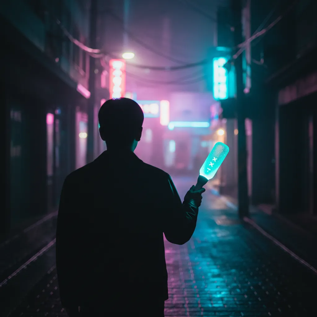 Silhouette fan with light stick in Seoul night alley