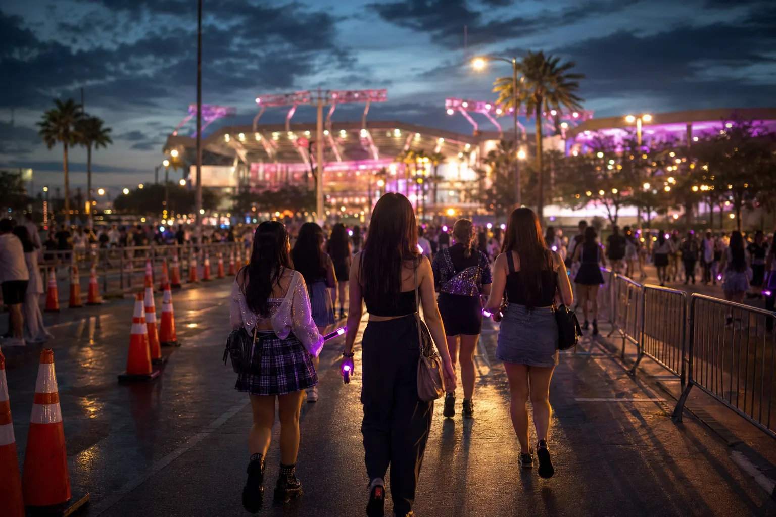 Fans walk past road closure cones toward a lit Tampa stadium for a K-pop concert.